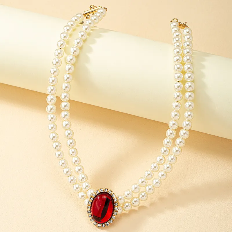 Faux Pearl Choker with Red Gem Centerpiece