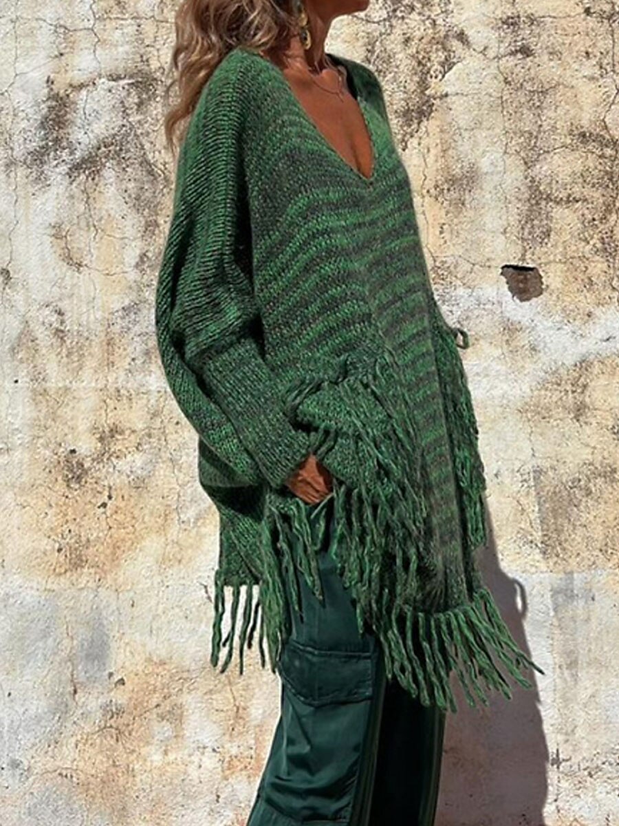 Crew Neck Tassel Pocket Ribbed Knit Sweater Camel & Green Casual