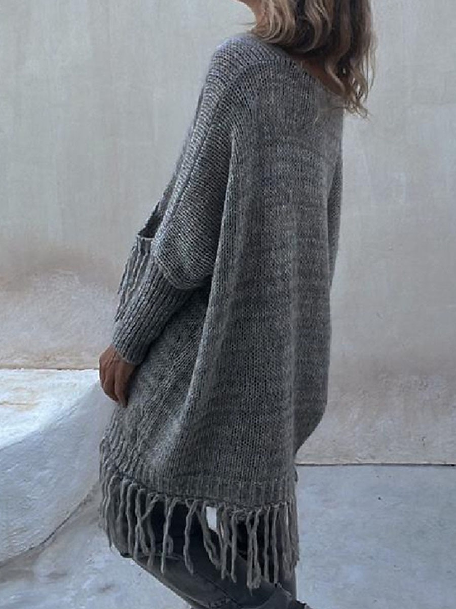 Crew Neck Tassel Pocket Ribbed Knit Sweater Camel & Green Casual