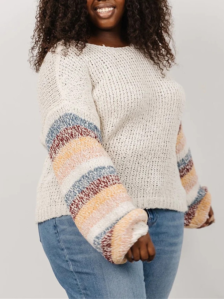 Crew Neck Ribbed Knit Sweater White Striped Plus Size Patchwork
