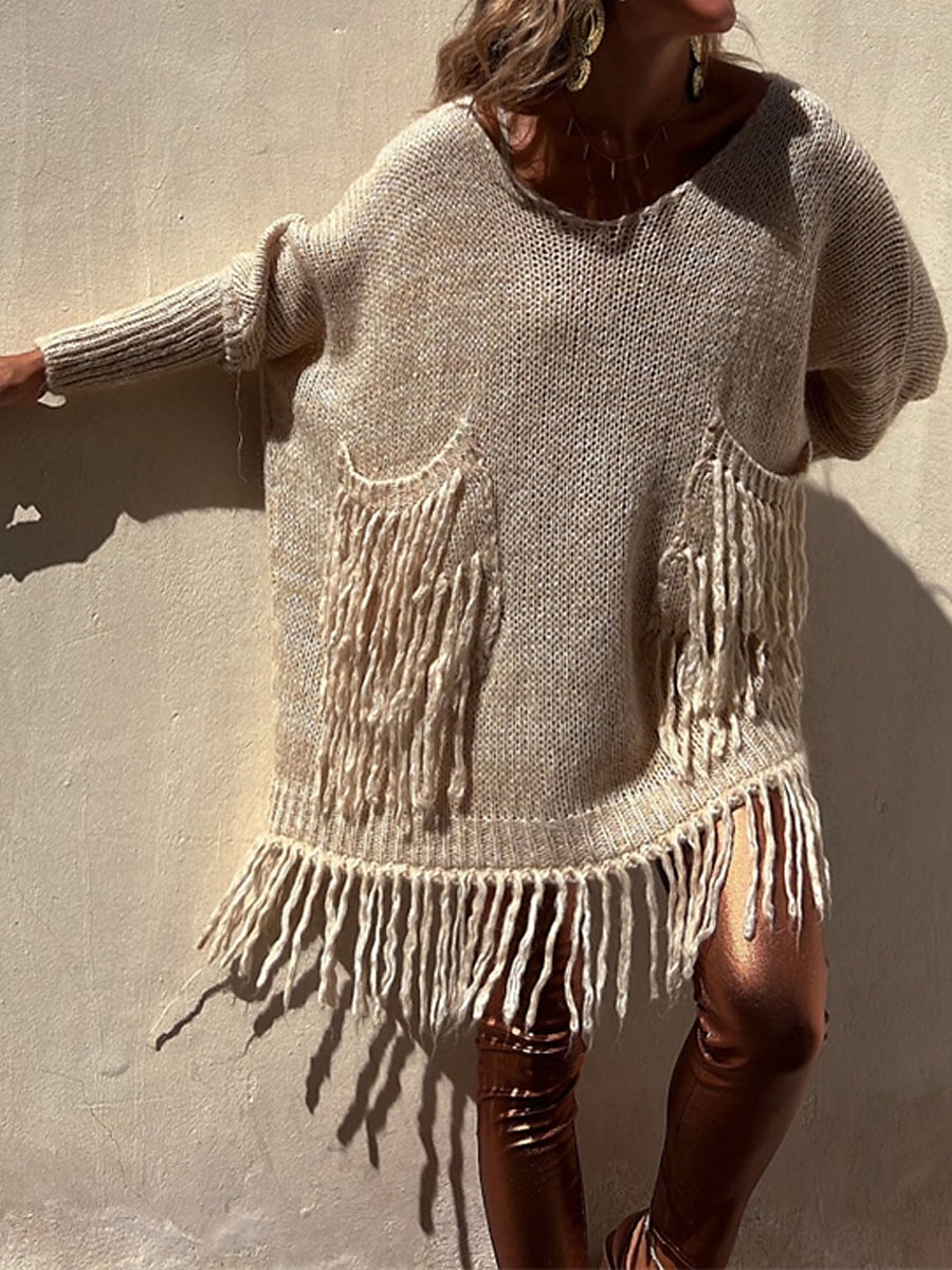 Crew Neck Tassel Pocket Ribbed Knit Sweater Camel & Green Casual