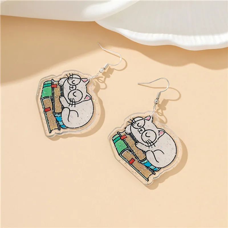 Cartoon Book Cat Acrylic Drop Earrings