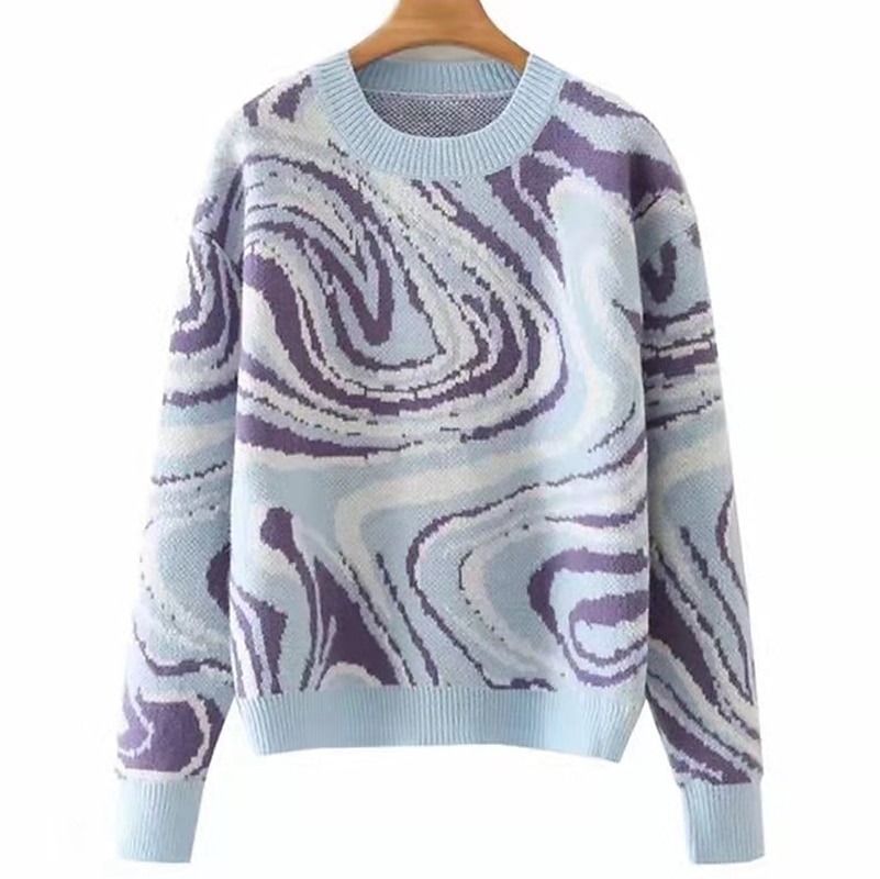 Crew Neck Crochet Knit Sweater Purple & Green Abstract Casual Top