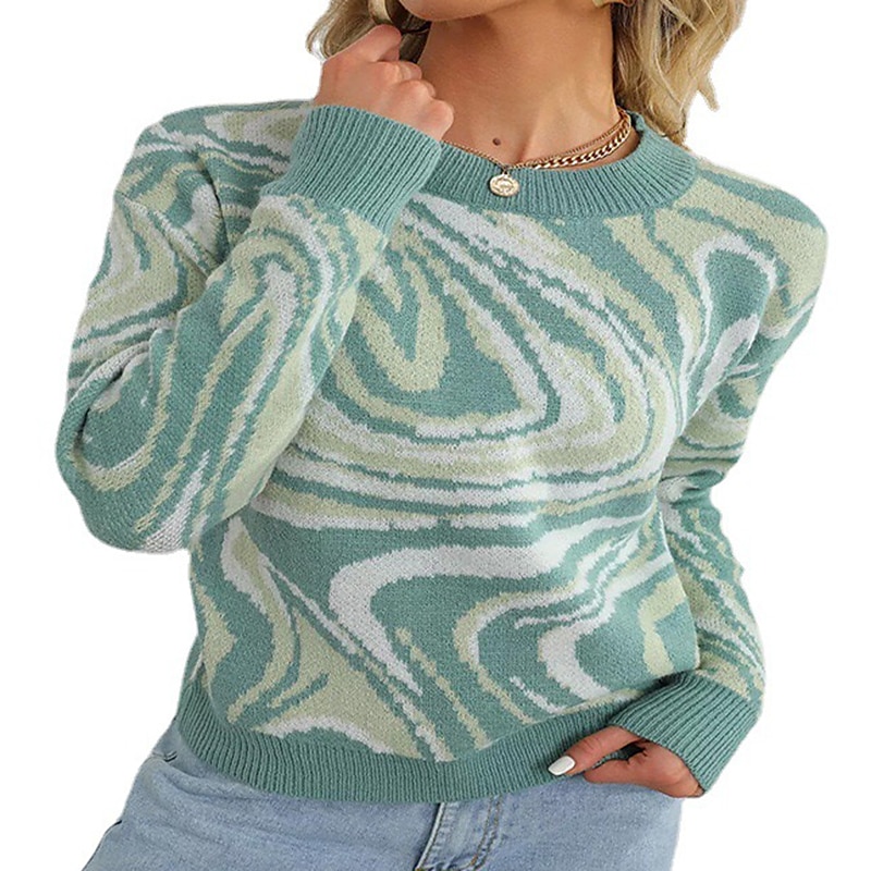 Crew Neck Crochet Knit Sweater Purple & Green Abstract Casual Top