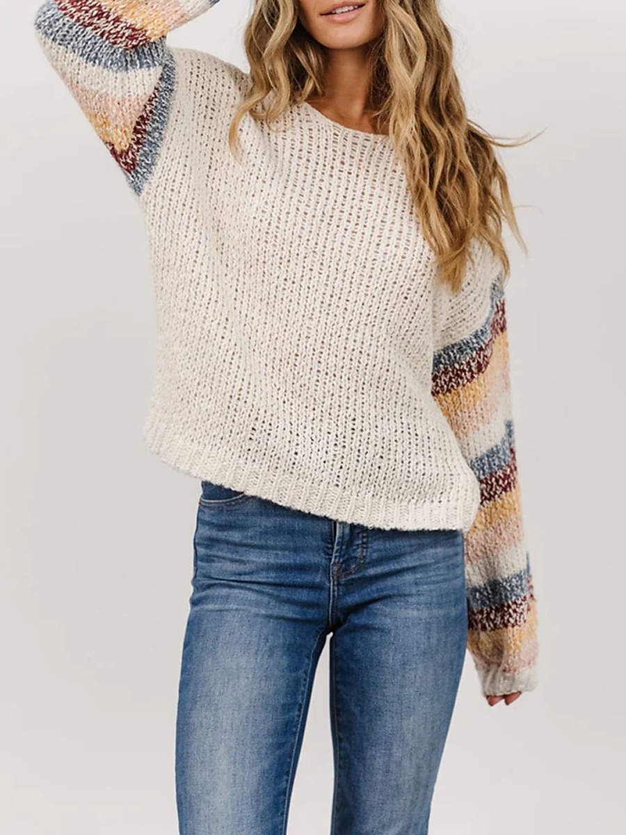 Crew Neck Ribbed Knit Sweater White Striped Plus Size Patchwork