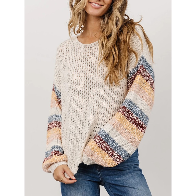 Crew Neck Ribbed Knit Sweater White Striped Plus Size Patchwork