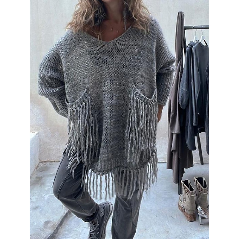 Crew Neck Tassel Pocket Ribbed Knit Sweater Camel & Green Casual